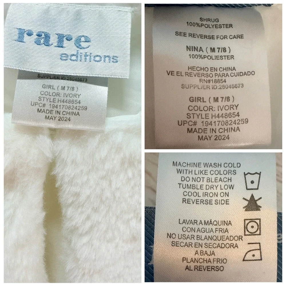 Rare Editions Shrug Girls M 7/8 White Faux Fur Bolero Jacket Formal Coquette